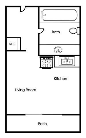 A floor plan of a room with a bath, kitchen, living room, and patio.
