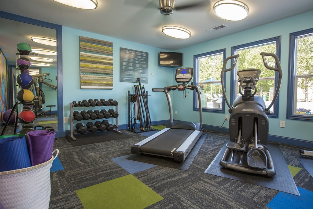 A gym with a variety of equipment including a treadmill, a rowing machine, and a weight rack.