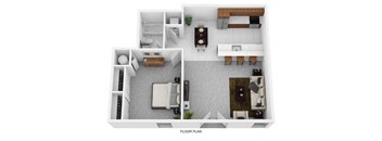 A floor plan of a small apartment with a kitchen, living room, and bedroom.