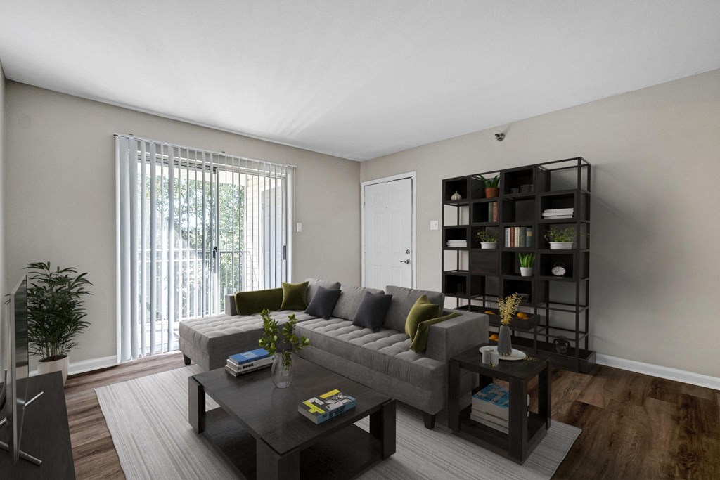 A living room with a grey couch, a black bookshelf, and a grey rug.