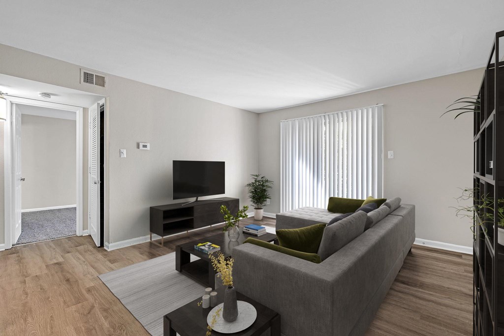 A living room with a grey couch, a coffee table, and a flat screen TV.