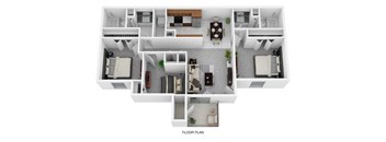 A floor plan of a house with a kitchen, living room, dining room, and bathroom.