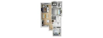 A top-down view of a small apartment with a living room, kitchen, and bedroom.