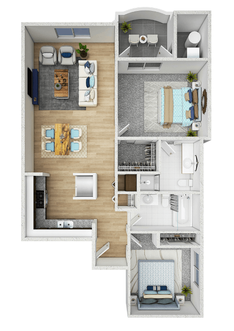 A top-down view of a small apartment with a living room, kitchen, and bedroom.