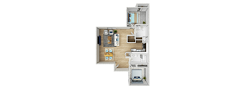 A top-down view of a small apartment with a living room, kitchen, and bedroom.