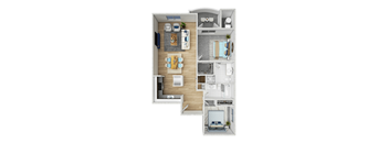 A top-down view of a small apartment layout with a kitchen, living room, and bedroom.