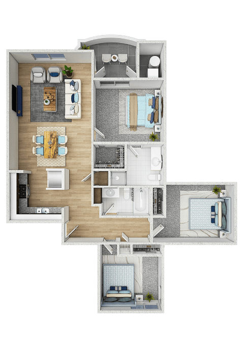 A top-down view of a two-bedroom apartment with a living room, kitchen, and bathrooms.