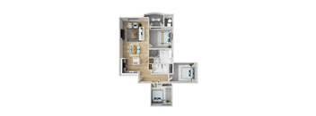 A top-down view of a small apartment layout with a kitchen, living room, and bathroom.