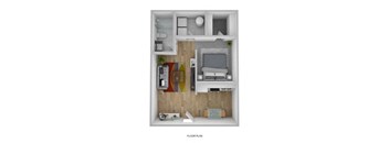 A floor plan of a small apartment with a bedroom, living room, and kitchen.