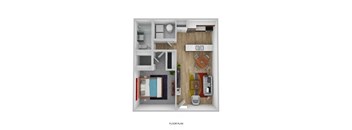A floor plan of a small apartment with a kitchen, living room, and bathroom.