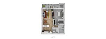 A floor plan of a small apartment with a kitchen, living room, and bathroom.