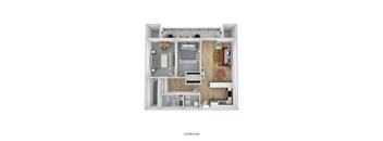 A floor plan of a small apartment with a kitchen, living room, and bedroom.