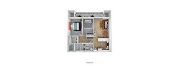 A floor plan of a small apartment with a bedroom, living room, kitchen, and bathroom.