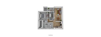 A floor plan of a small apartment with a kitchen, living room, and bathroom.