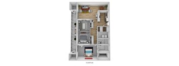 A floor plan of a small apartment with a living room, kitchen, and bedroom.