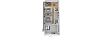 A floor plan of a small apartment with a kitchen, living room, and bathroom.