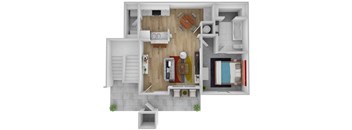 A 3D floor plan of a small apartment with a kitchen, living room, and bathroom.