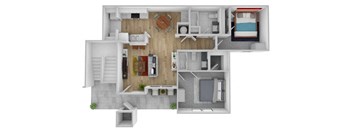 A 3D floor plan of a small apartment with a kitchen, living room, bedroom, and bathroom.