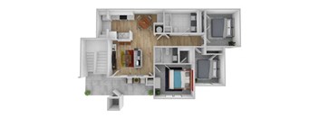 A 3D floor plan of a house with a kitchen, living room, bedrooms, and bathrooms.