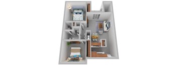 A 3D floor plan of a small apartment with a bedroom, living room, and kitchen.
