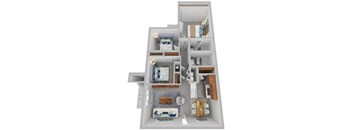 A 3D floor plan of a house showing the layout of the rooms.