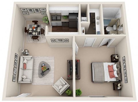 A 3D floor plan of a small apartment with two bedrooms, a living room, a kitchen, and a bathroom.