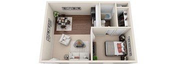 A top-down view of a small apartment with a living room, kitchen, and bedroom.