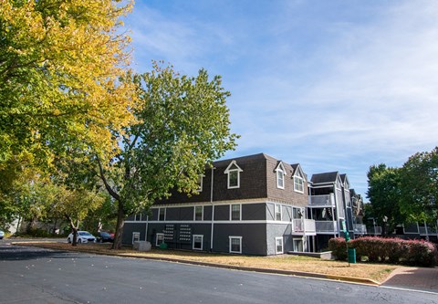 A grey building with a balcony is surrounded by trees with yellow leaves.
