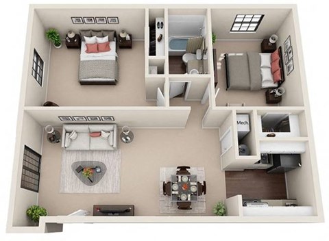 A 3D floor plan of a small apartment with two bedrooms and a kitchen.