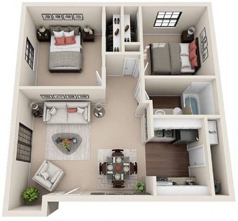 A 3D floor plan of a small apartment with two bedrooms, a living room, a kitchen, and a bathroom.