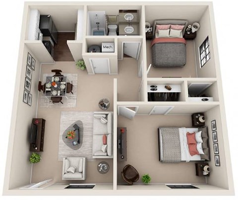 A diagram of a small apartment with two bedrooms and a living room.