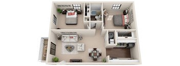 A 3D floor plan of a two-bedroom apartment with a living room, kitchen, and bathroom.
