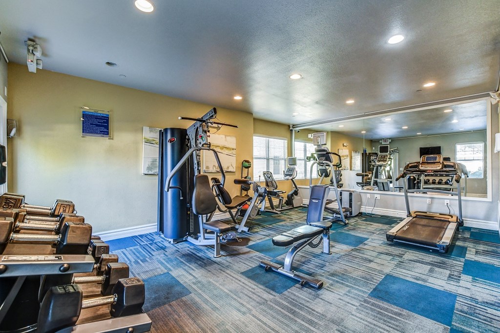 A gym with a variety of equipment including weights and cardio machines.