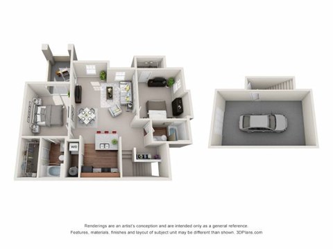 A 3D floor plan of a small apartment with a kitchen, living room, and bedroom.