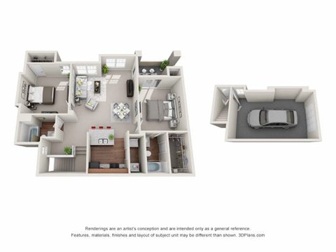 A 3D floor plan of a house with a kitchen, living room, and bedrooms.