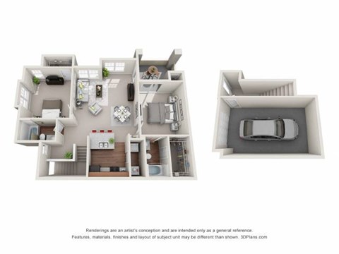 A 3D floor plan of a house with a kitchen, living room, and bedrooms.