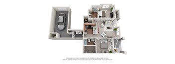 A 3D floor plan of a house with a car parked in the garage.