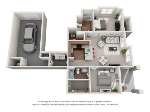 A 3D floor plan of a house with a car parked in the garage.