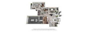 A 3D floor plan of a house with a garage and a car.