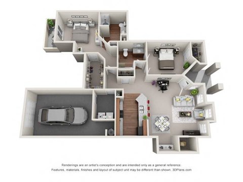 A 3D floor plan of a house with a garage and a car.