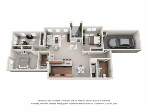 A 3D floor plan of a house with a kitchen, living room, and two bedrooms.