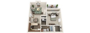A 3D floor plan of a house showing a living room, kitchen, and bathroom.