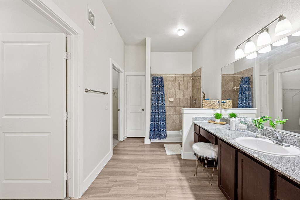 A bathroom with a sink, mirror, and shower.