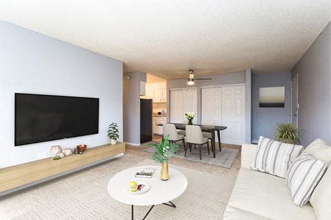 A living room with a white couch, a coffee table, a flat screen TV, and a dining table with chairs.