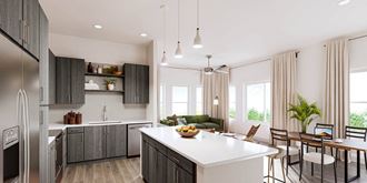 a kitchen and living room in an open floor plan