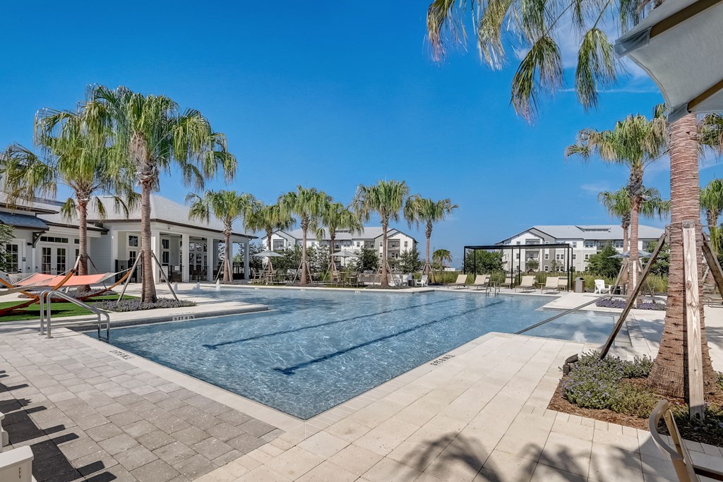 a swimming pool with palm trees and buildings in the background