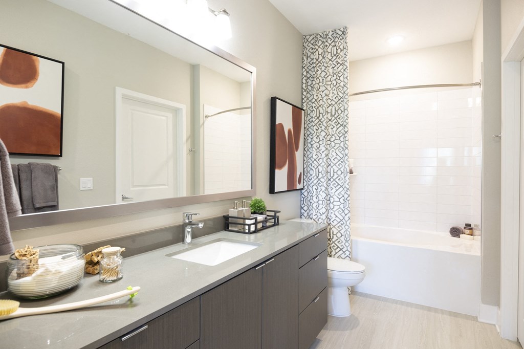 a bathroom with a large mirror and a sink and a shower