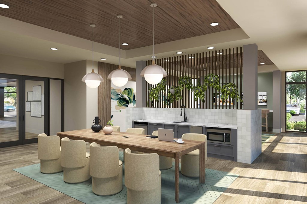 a rendering of a communal kitchen and dining area