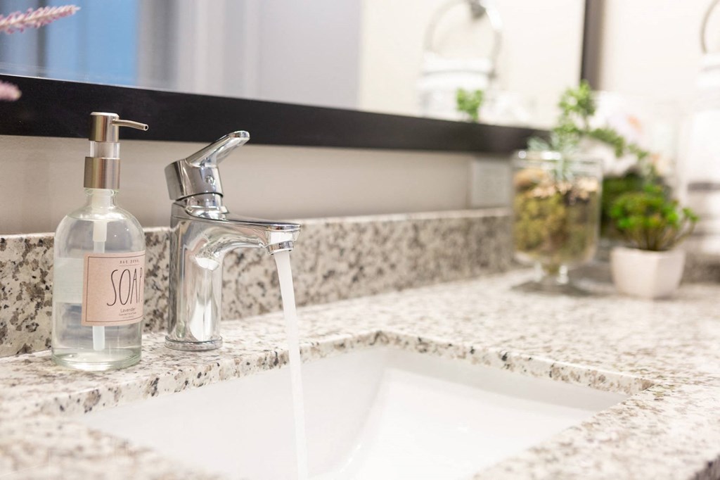 a bathroom sink with a bottle of soap on it