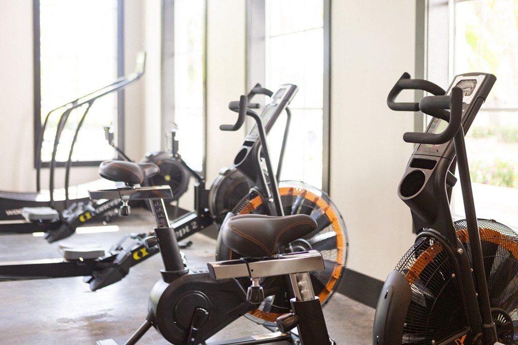 a row of exercise bikes in a gym
